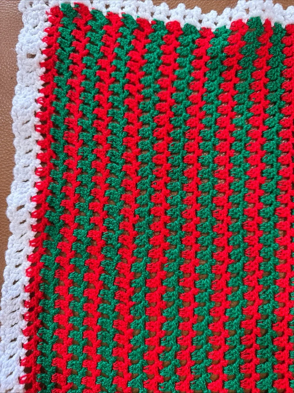 Vintage Handmade Crochet Christmas Table Topper Doily Red Green White 28x23